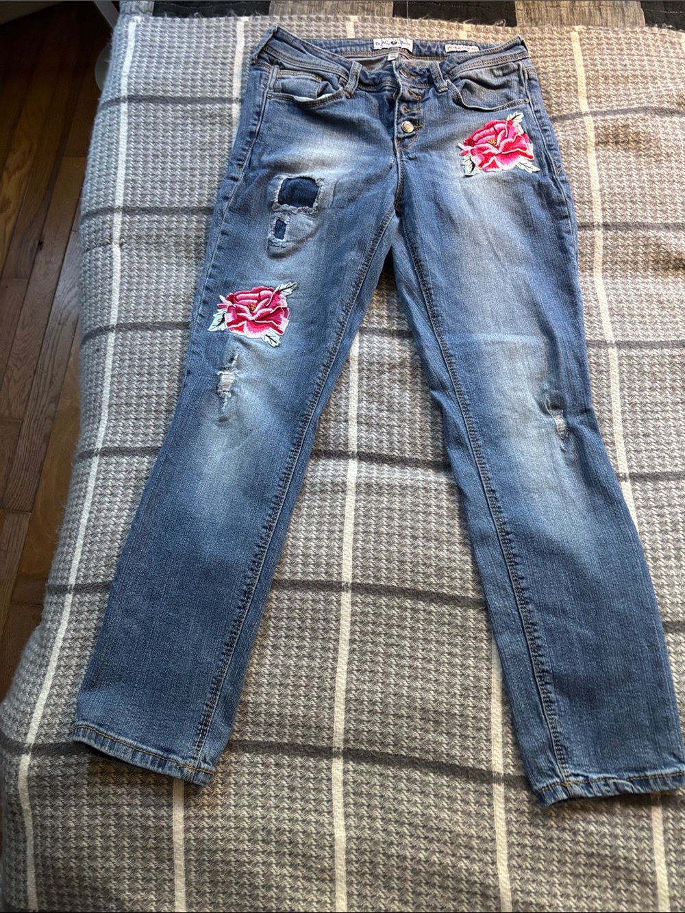 Blue Skinny Jeans with Pink Rose Embroidery - Women's